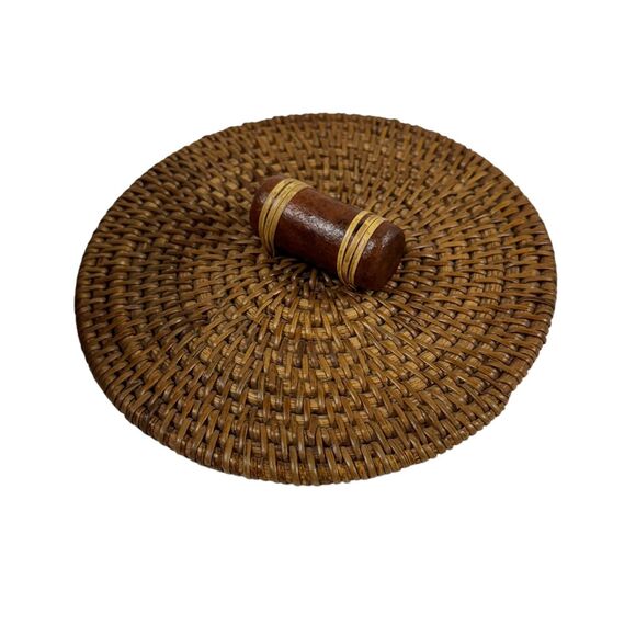 Market Bazaar Stoneware Ceramic Terracotta Canister Woven Lid 5x6.5 Rustic Boho - Picture 4 of 8